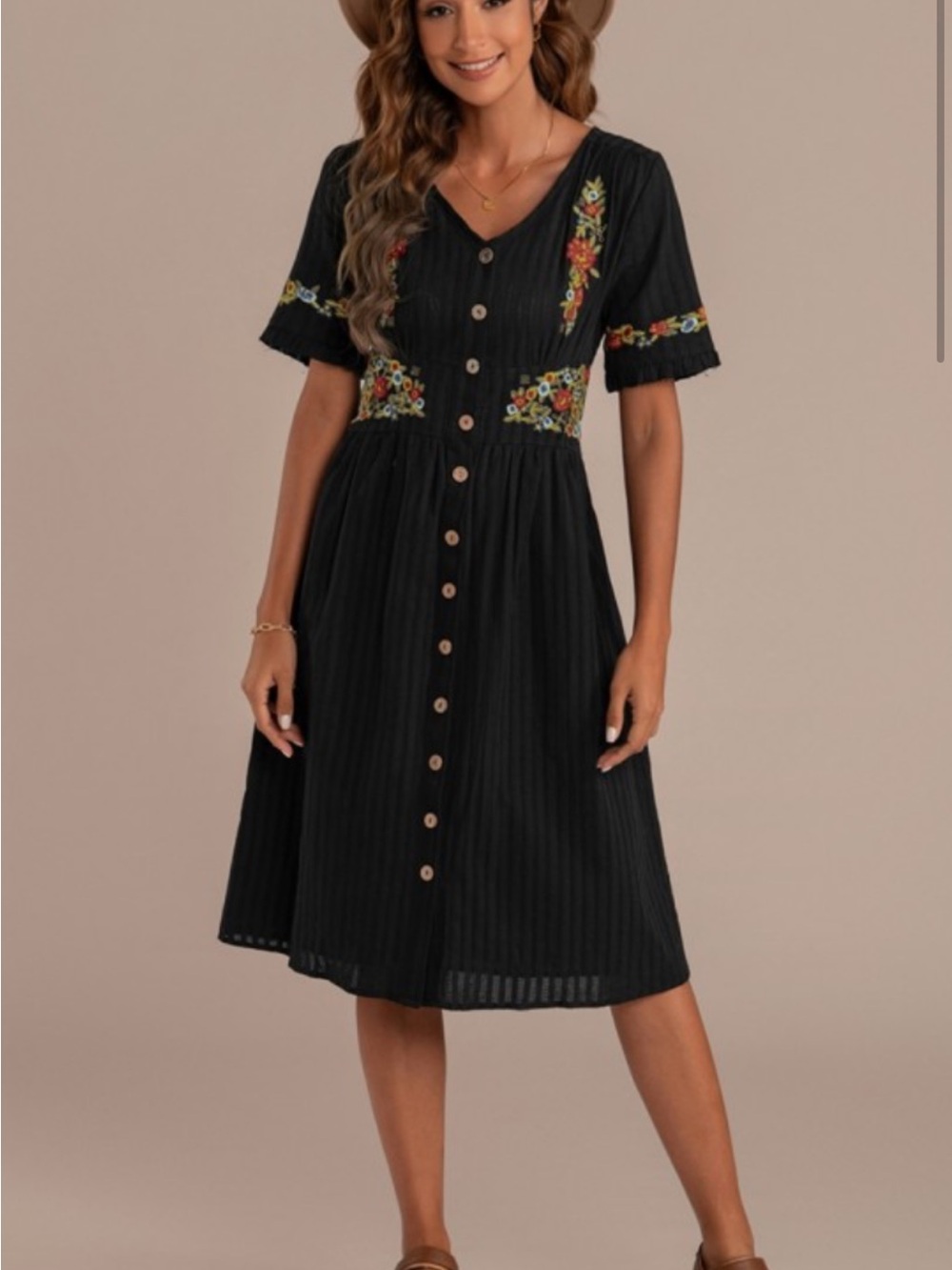 Roolee Black Button-Front Midi Dress with Floral Embroidery